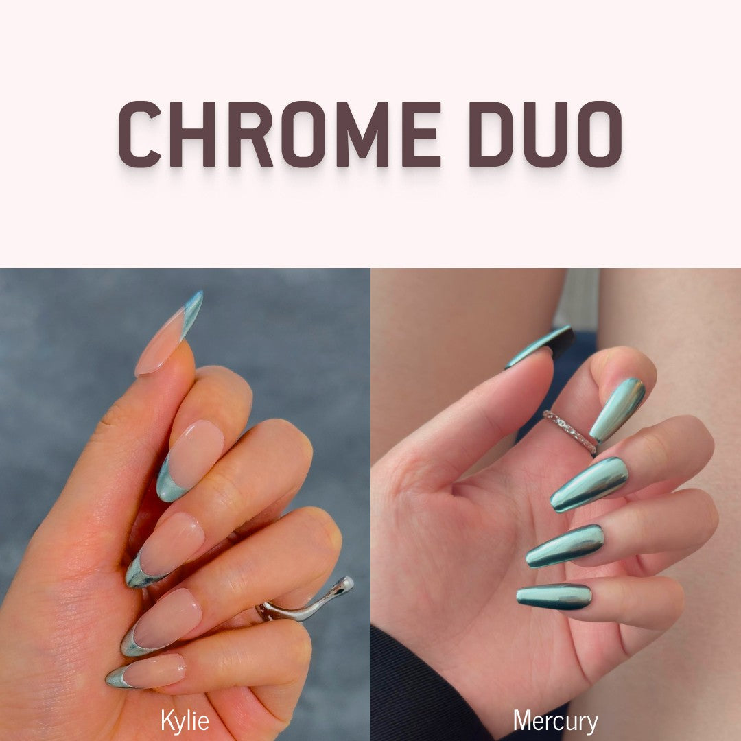 Image featuring MyLilith's Chrome Duo press-on nails collection, showcasing two designs: Kylie (nude with chrome tips) and Mercury (full chrome).