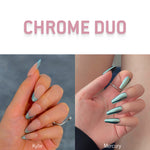 Image featuring MyLilith's Chrome Duo press-on nails collection, showcasing two designs: Kylie (nude with chrome tips) and Mercury (full chrome).