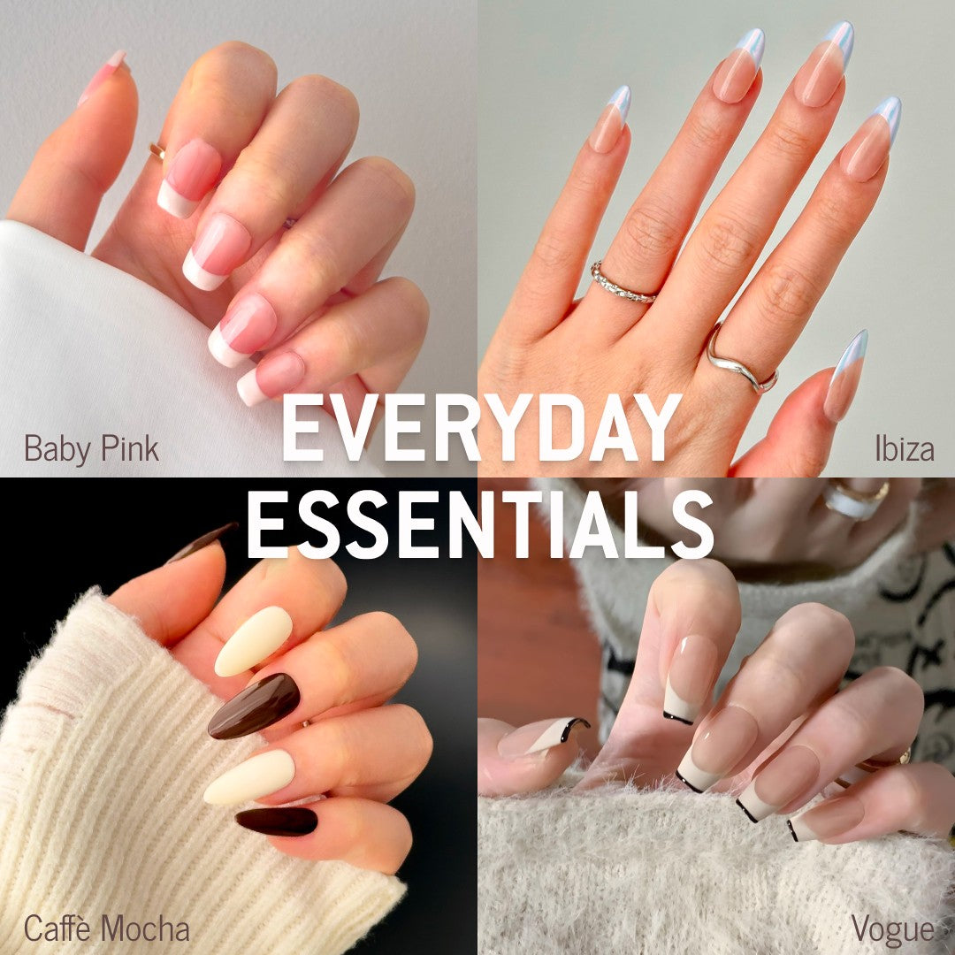 Collage of MyLilith's Everyday Essentials press-on nails collection, featuring four different designs: Baby Pink (classic French), Ibiza (modern French), Caffè Mocha (brown and white), and Vogue (black-tipped French).