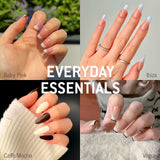 Collage of MyLilith's Everyday Essentials press-on nails collection, featuring four different designs: Baby Pink (classic French), Ibiza (modern French), Caffè Mocha (brown and white), and Vogue (black-tipped French).