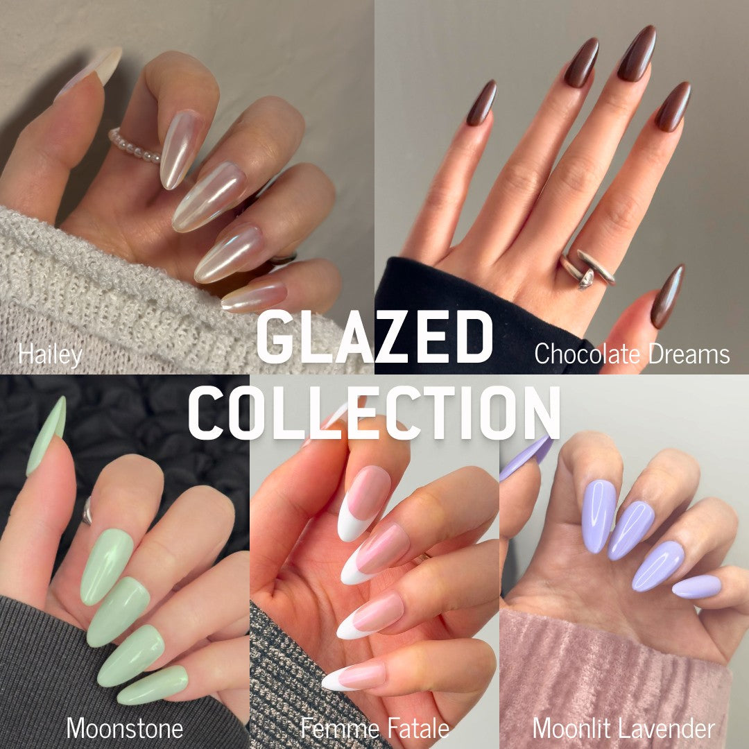 Collage of MyLilith's Glazed Collection press-on nails, featuring five different designs: Hailey (pearl white), Chocolate Dreams (brown), Moonstone (mint green), Femme Fatale (French manicure), and Moonlit Lavender (light purple).