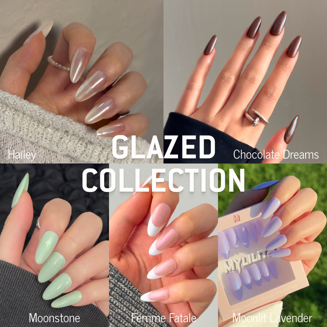 Collage of MyLilith's Glazed press-on nails collection, featuring five different designs: Hailey, Chocolate Dreams, Moonstone, Femme Fatale, and Moonlit Lavender.