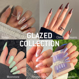 Collage of MyLilith's Glazed press-on nails collection, featuring five different designs: Hailey, Chocolate Dreams, Moonstone, Femme Fatale, and Moonlit Lavender.