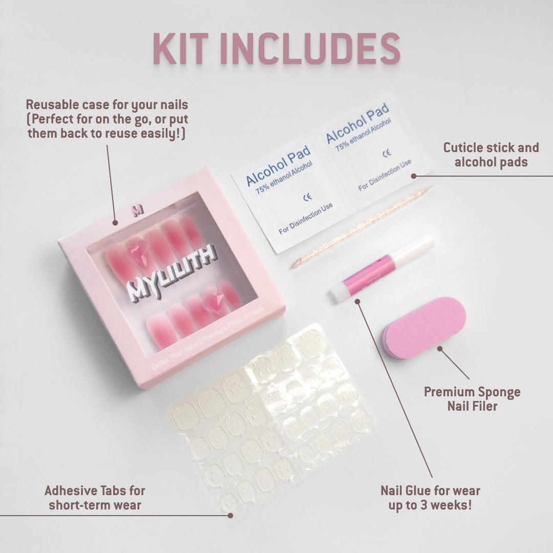 Kit contents displayed from MyLilith, including reusable case with press-on nails, alcohol pads, cuticle stick, premium sponge nail filer, adhesive tabs for short-term wear, and nail glue for up to 3 weeks of wear.
