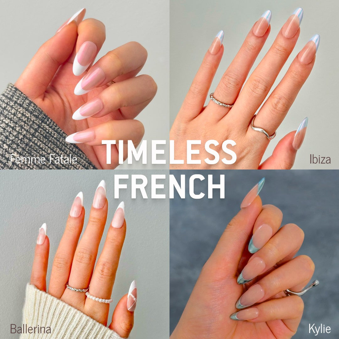 Collage of MyLilith's Timeless French press-on nails collection, featuring four different French manicure designs: Femme Fatale, Ibiza, Ballerina, and Kylie.